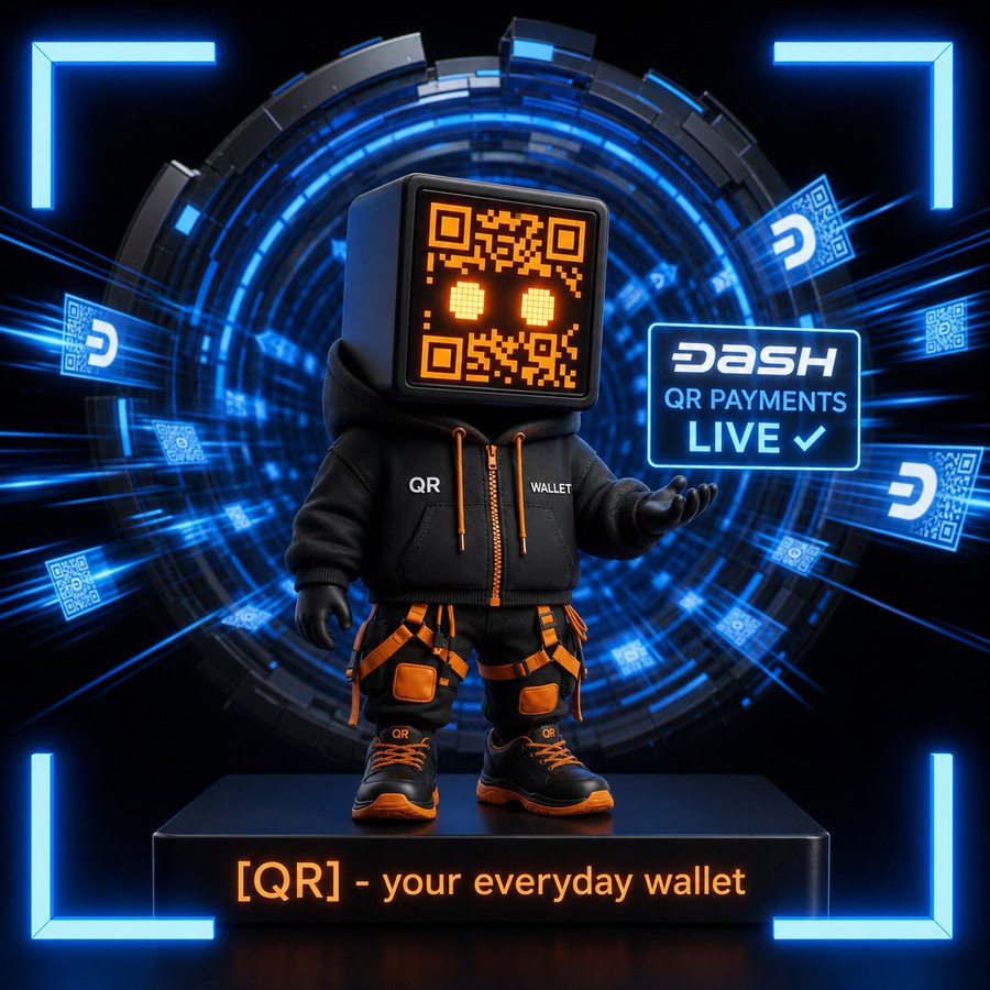 QR Wallet character with a glowing DASH QR payments live sign